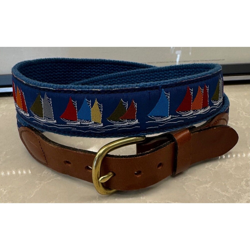 Leather Man LTD Essex CT USA - Canvas Leather Sailboats Belt Size 32 - Sailing